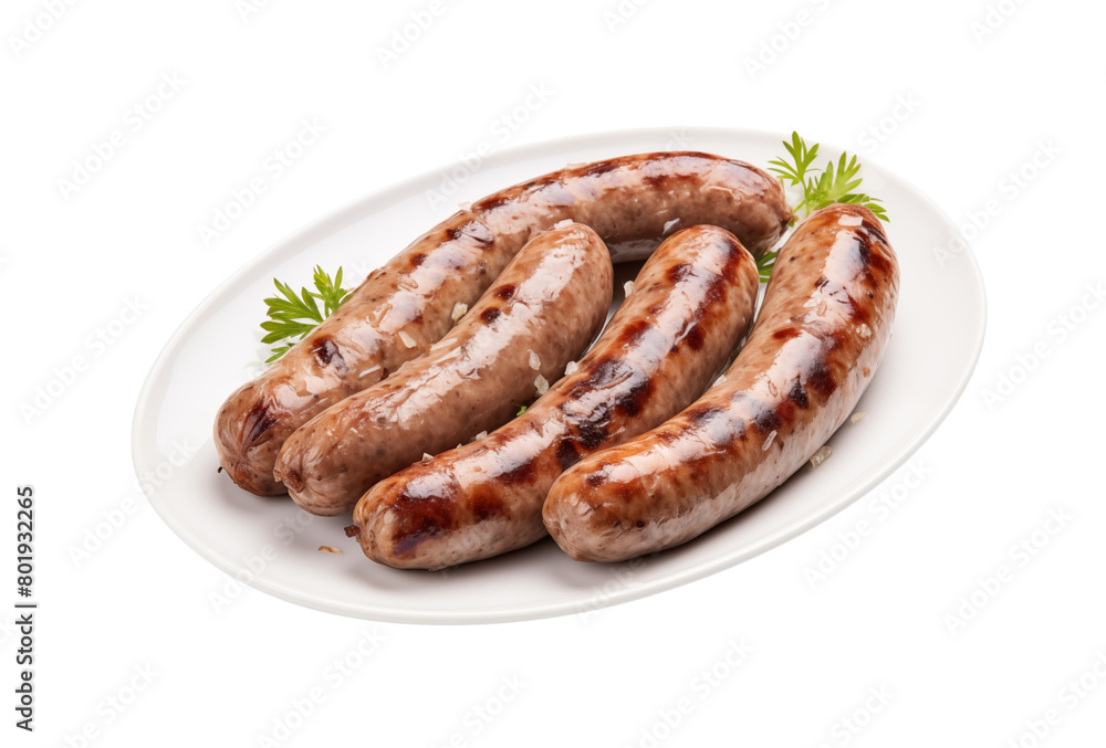 Grilled pork sausages on a plate with parsley garnish, ready to serve. Generative AI Grilled pork sausages on a plate with parsley garnish, ready to serve. Generative AI