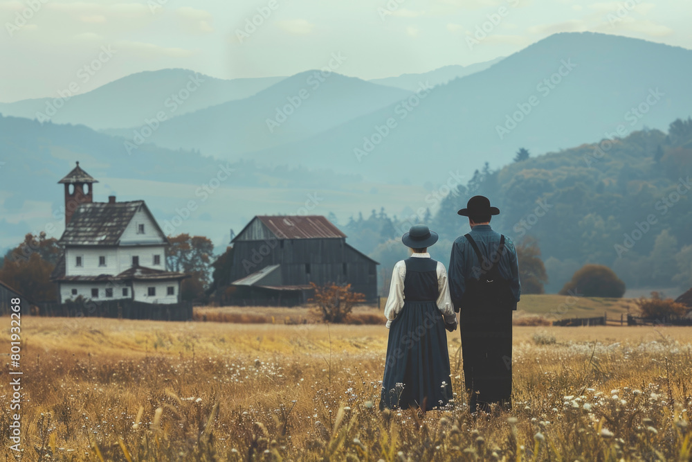 A portrait of the Amish on a mountain peak, with their house and mountain range in the background.