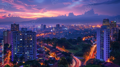 San JosÃ© skyline, Costa Rica, vibrant city with a focus on sustainability, --ar 16:9 --stylize 250 Job ID: d2850d18-2aec-47bd-a08f-044d551b03b4
