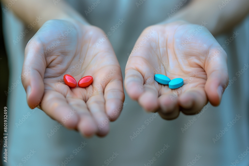 A conceptual image featuring open-palmed hands holding one pill in each hand, as if offering a choice. One pill is red, and the other is blue, symbolizing a decision or choice between two options. A conceptual image featuring open-palmed hands holding one pill in each hand, as if offering a choice. One pill is red, and the other is blue, symbolizing a decision or choice between two options.