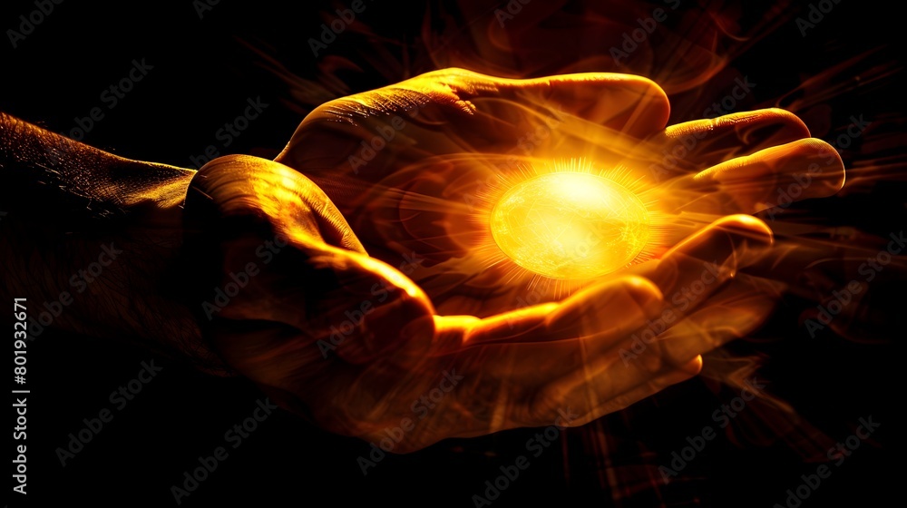 Mystical Sun Cradled in Cupped Hands Symbolizing Spiritual Power and Cosmic Connection