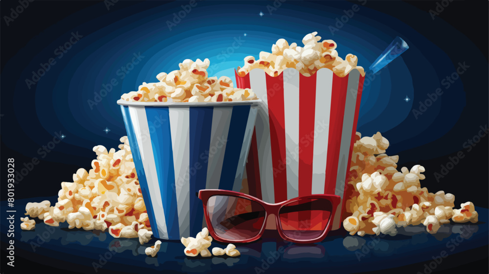 Tasty popcorn with 3D glasses and cinema tickets on white