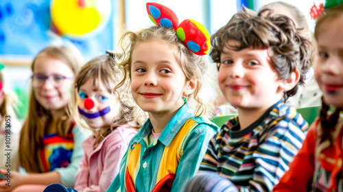 Group of young children with clown faces on their heads and clown noses on their heads.