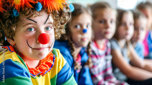 Group of children with clown makeup on their faces and clown nose paint on their faces.