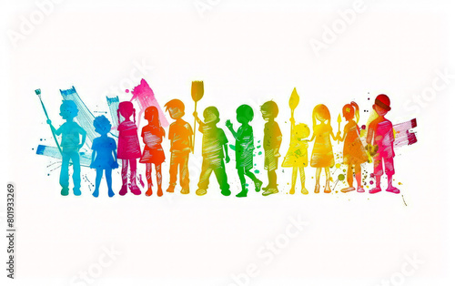 Group of children standing next to each other in front of white background.
