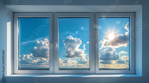 Clear White Windows with Sunny Blue Sky Backdrop Generative AI
