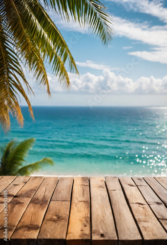 Top of wood table with seascape and palm tree, blur bokeh light of calm sea and sky at tropical beach background