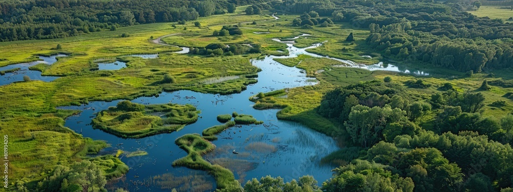 highlighting successful wildlife conservation and biodiversity maintenance, Aerial view of a protected natural area.