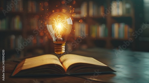 Glowing Light Bulb Floating Above an Open Book Symbolizing the Spark of New Ideas and Creativity in
