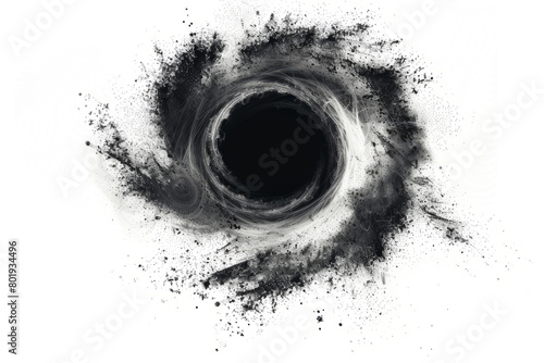 black hole surrounded by swirling gas and dust,  against a white background to highlight its mysterious and powerful nature.