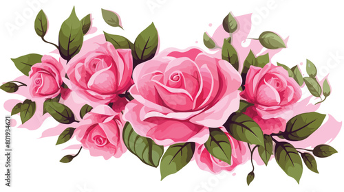 Beautiful pink roses with leaves and petals on white