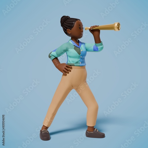 3d woman stands and looks using a telescope to the left with right hand on waist