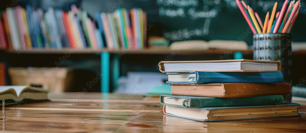 stack of books and notebooks on the teacher's desk, stationery, pens, pencils, literature, library, school, teaching, education, class, chalk board, banner, lesson, reading, student, pupil stack of books and notebooks on the teacher's desk, stationery, pens, pencils, literature, library, school, teaching, education, class, chalk board, banner, lesson, reading, student, pupil