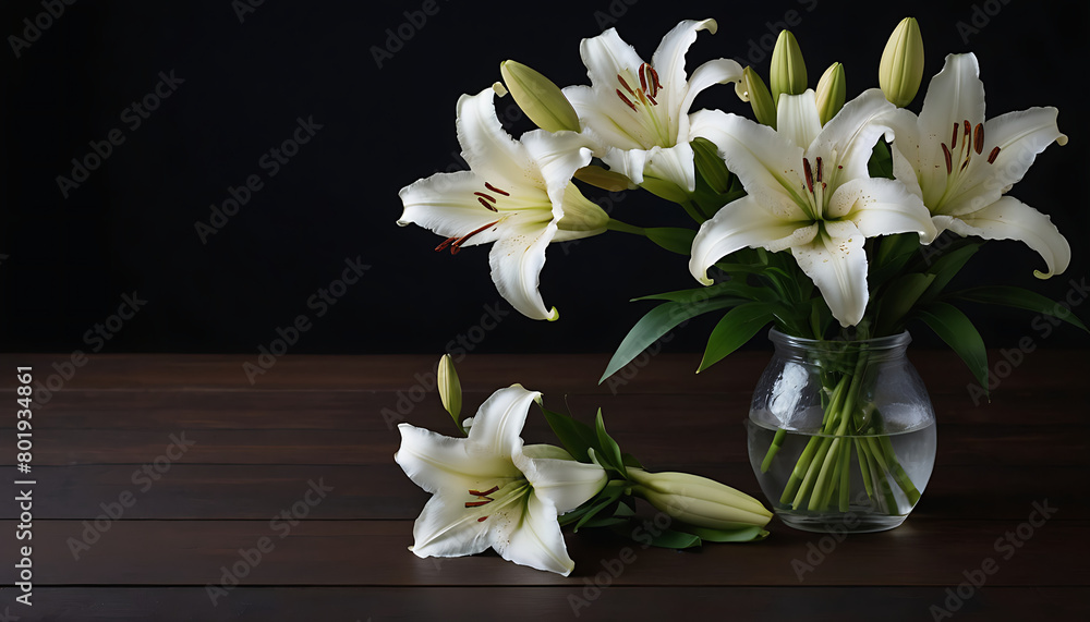 Fototapeta premium Beautiful lily on dark background with space for text. Funeral flower