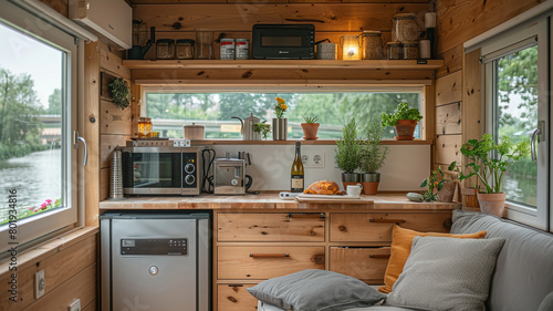 A small kitchenette in a tiny house, featuring compact appliances and clever storage solutions.