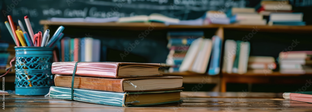 stack of books and notebooks on the teacher's desk, stationery, pens, pencils, literature, library, school, teaching, education, class, chalk board, banner, lesson, reading, student, pupil stack of books and notebooks on the teacher's desk, stationery, pens, pencils, literature, library, school, teaching, education, class, chalk board, banner, lesson, reading, student, pupil