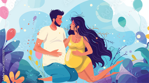 Beautiful pregnant couple on color background Vector