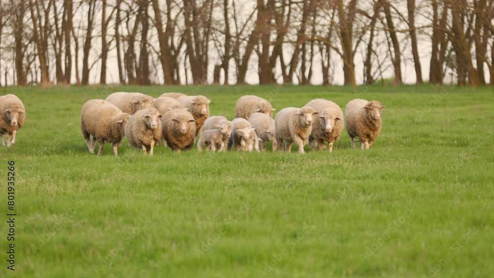 Sheep Graze in Meadow with Green Grass. Livestock on Farm in Countryside Sheep Graze in Meadow with Green Grass. Livestock on Farm in Countryside