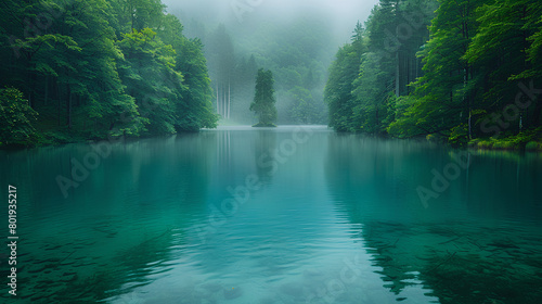 Beautiful turquoise lake surrounded by dense forest  foggy weather  National Geographic photography in the style of National Geographic. Ai Generative