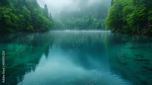Beautiful turquoise lake surrounded by dense forest  foggy weather  National Geographic photography in the style of National Geographic. Ai Generative