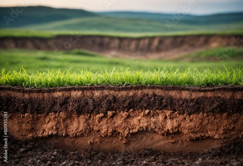 Underground soil layer of cross section earth, erosion ground with grass on top photo