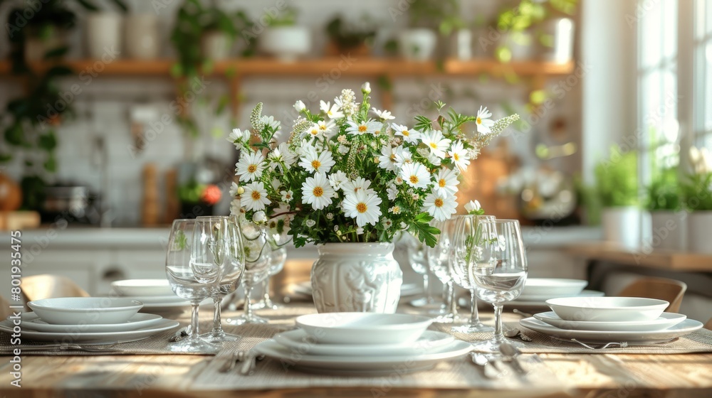 Spring Dinner Table Setting with Fresh Flowers Generative AI