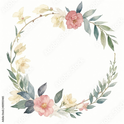 water color art of a Gold frame and pink and yellow flowers and green leaves. vintage card frame  isolated on white background