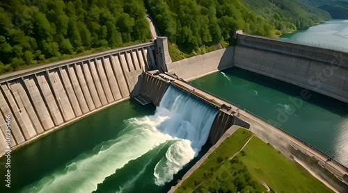Harnessing Nature's Power: Aerial Perspective of a Hydroelectric Dam and Majestic Water Discharge
