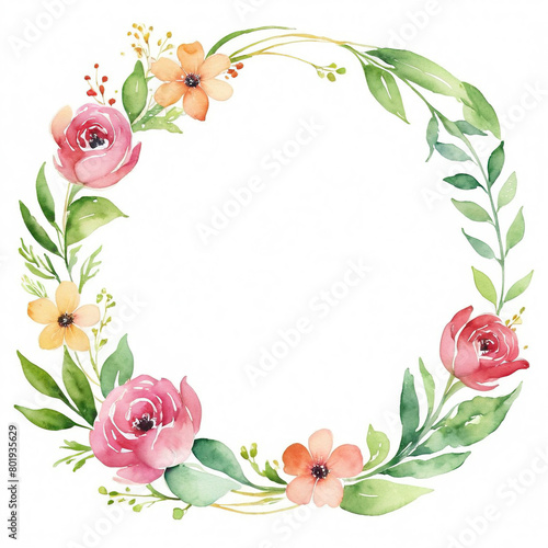 water color art of a Gold frame and pink and yellow flowers and green leaves. vintage card frame  isolated on white background