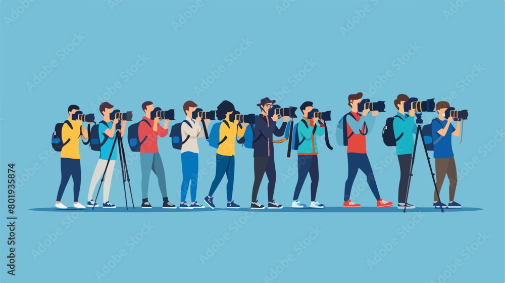 Group of young photographers on blue background Vector