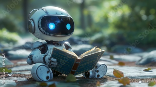 Robot sits on grass, reading book with electric blue eyewear