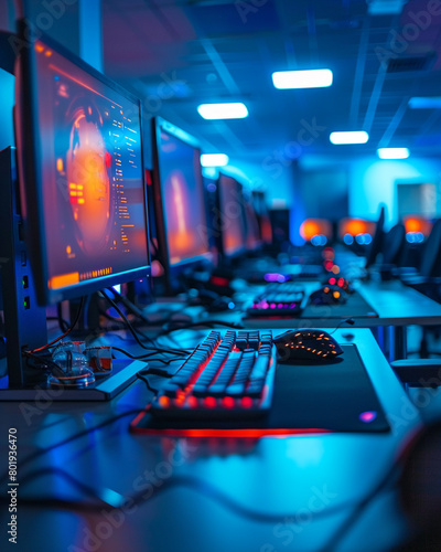 LAN party setup, rows of computers, intense focus, soft blue lighting, eye-level, competitive, tech-driven gaming environment