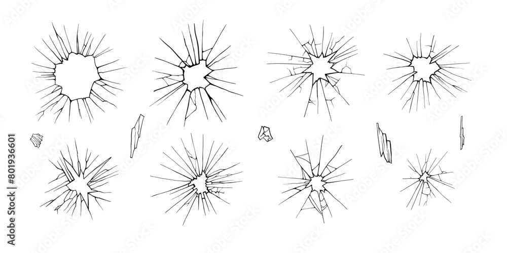 Cracked glass. Broken window, shattered glassy surface and break windshield glass texture silhouette. Crack shattered mirror or bullet hole. Vector illustration isolated icons set Cracked glass. Broken window, shattered glassy surface and break windshield glass texture silhouette. Crack shattered mirror or bullet hole. Vector illustration isolated icons set