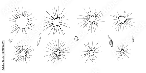 Cracked glass. Broken window, shattered glassy surface and break windshield glass texture silhouette. Crack shattered mirror or bullet hole. Vector illustration isolated icons set