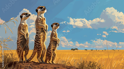 Curious Guardians: A Family of Meerkats Vigilantly Scanning the Savanna © William