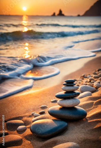 Zen stones on the beach near sea  blurred background  warm sunset light