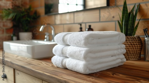 Fresh Towels on Wooden Table in Bathroom Generative AI