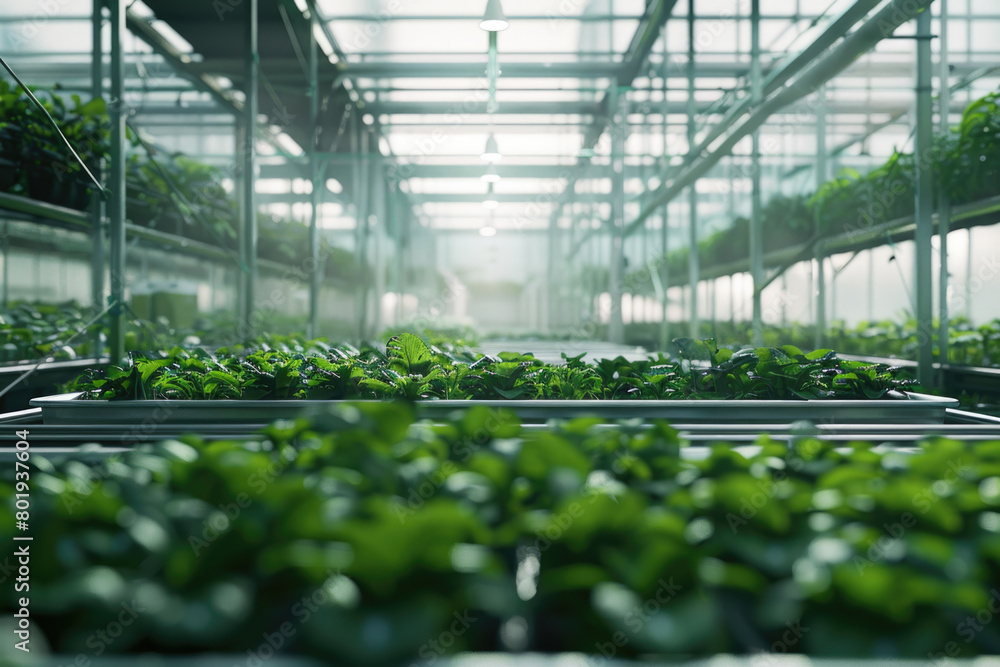 A modern vegetable greenhouse with a minimalist composition, bright lighting, and an empty scene.