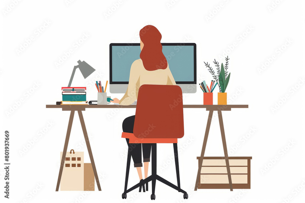 Fototapeta premium A female freelancer works at home on a computer. The concept of remote freelance work. Online study, education. A flat vector.