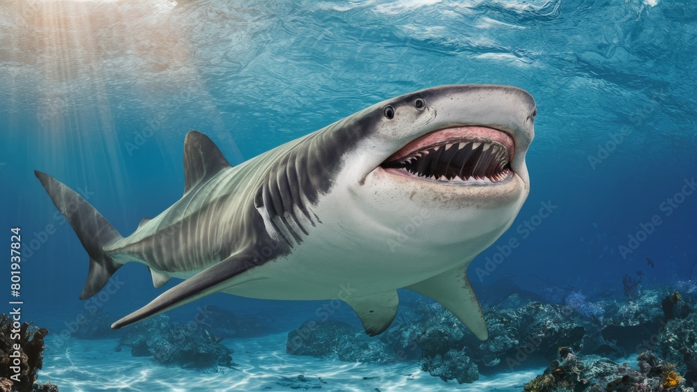 Naklejka premium A painting depicting a shark swimming in the water column. A large predatory fish swimming in the ocean. Underwater scene. Illustration for cover, card, postcard, interior design or print.