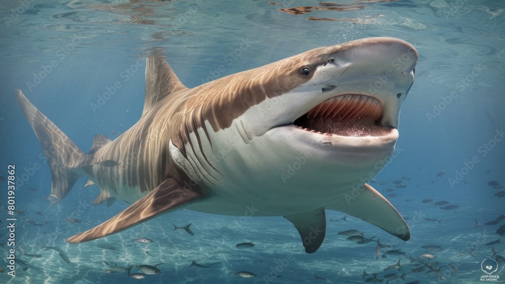 Naklejka premium A painting depicting a shark swimming in the water column. A large predatory fish swimming in the ocean. Underwater scene. Illustration for cover, card, postcard, interior design or print.