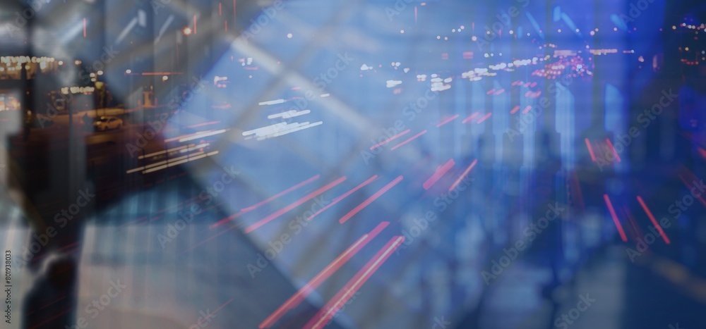 Highly technical modern urban background with movement and overlay elements of skyscrapers and highway in deep blur with blue color correction and light rays. Concept of constant motion and speed Highly technical modern urban background with movement and overlay elements of skyscrapers and highway in deep blur with blue color correction and light rays. Concept of constant motion and speed
