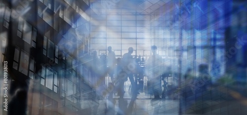 High technical modern urban background with crowd and movement in a waiting room and overlaying elements of skyscrapers in deep blur with blue color correction and light rays