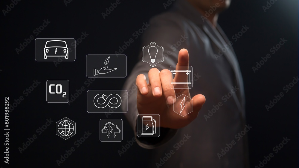 Fototapeta premium Cg symbols related to the problem of decarbonization of life on the planet against the background of a person stretching out his hand to them