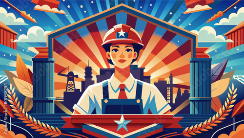 Illustrated Female Factory Worker with Patriotic Background and Industrial Elements