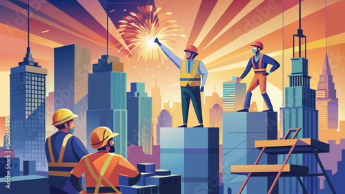 Construction Workers Overlooking City Skyline at Dusk with Fireworks