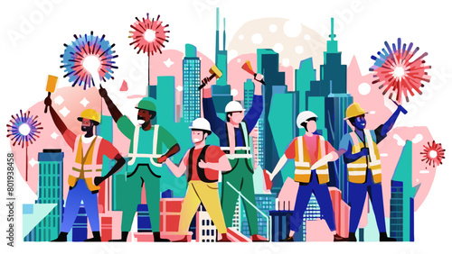 Urban Construction Workers Celebrating with Fireworks in Cityscape