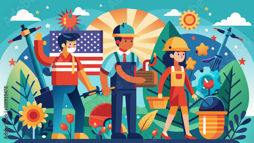 Labor Day Celebration - American Workers, Patriotic Theme, Professional Diversity