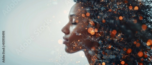 A double exposure of a South American womans profile with AI data intricacy and holographic marketing visualizations, captured with a bokeh lens,