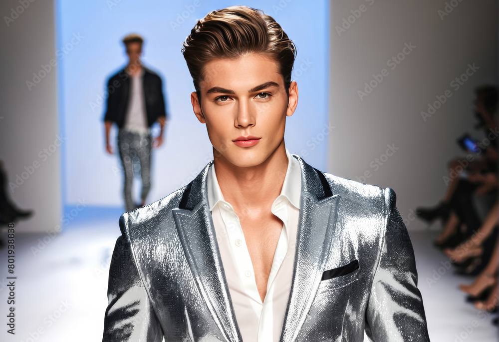 © fotogurme - Handsome caucasian male model struts on a fashion show runway in a shiny silver suit, perfect for themes like fashion week, elegance, or New Year's Eve